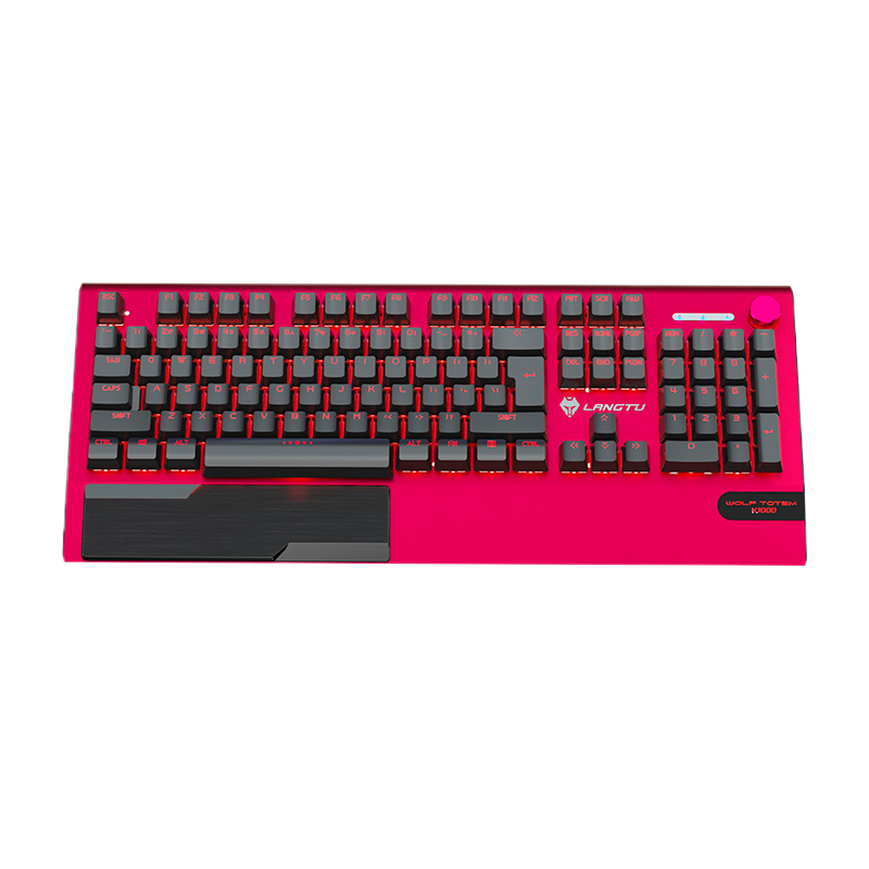 LANGTU K1000 RGB hintergrundbeleuchtete 104-Tasten echte mechanische Tastatur rot mit Multifunktions-Drehknopf, Handballenauflage und 8 hintergrundbeleuchteten Modi