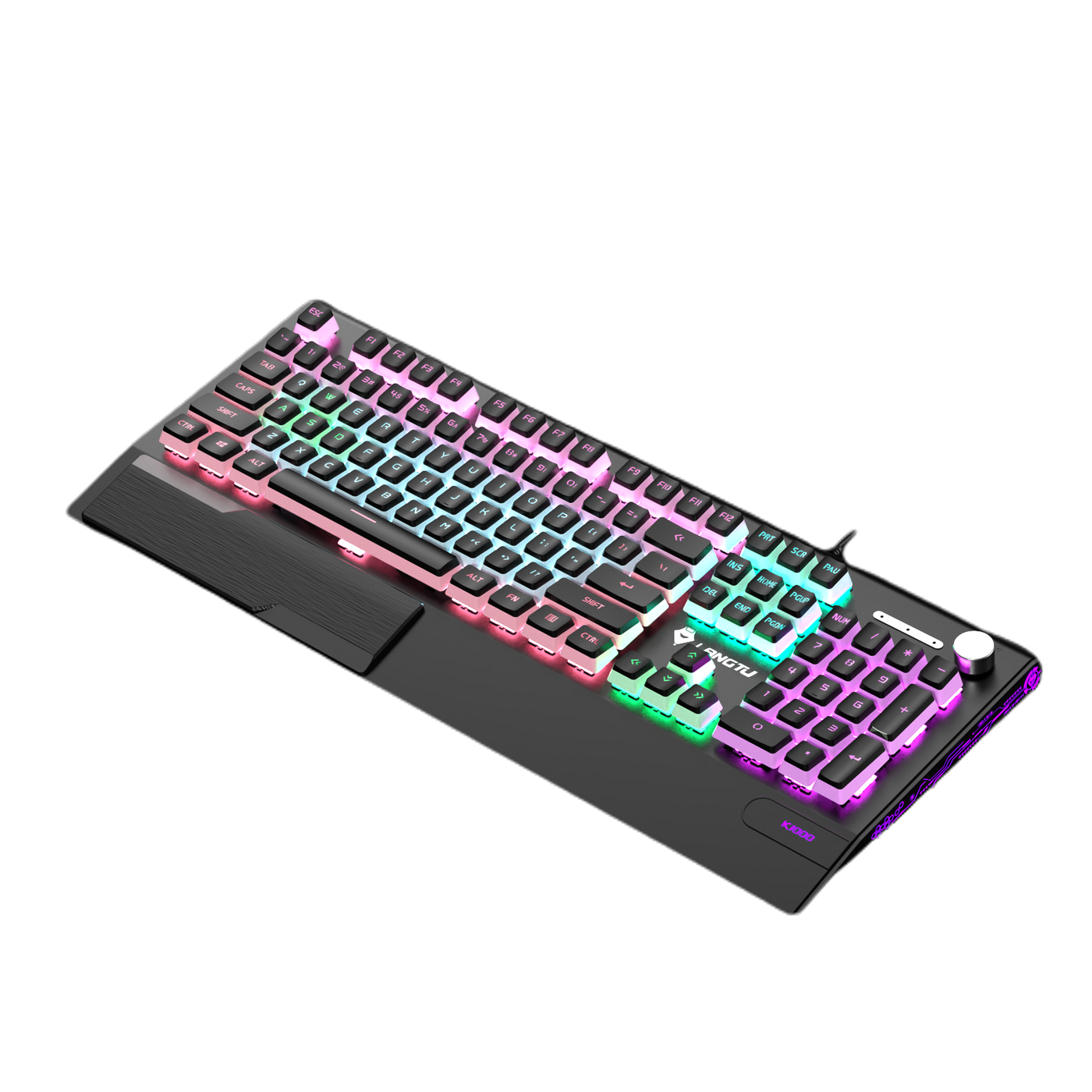 LANGTU K1000 RGB Hintergrundbeleuchtete 104-Tasten Real Mechanical Keyboard Schwarz mit Multifunktions-Drehknopf, Handballenauflage und 8 hintergrundbeleuchteten Modi