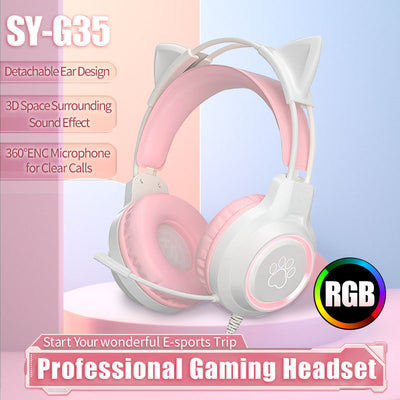 LANGTU G35 Cute Cat Ear Gaming Headset  Wired Headset With Microphone