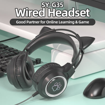 LANGTU G35 Cute Cat Ear Gaming Headset  Wired Headset With Microphone