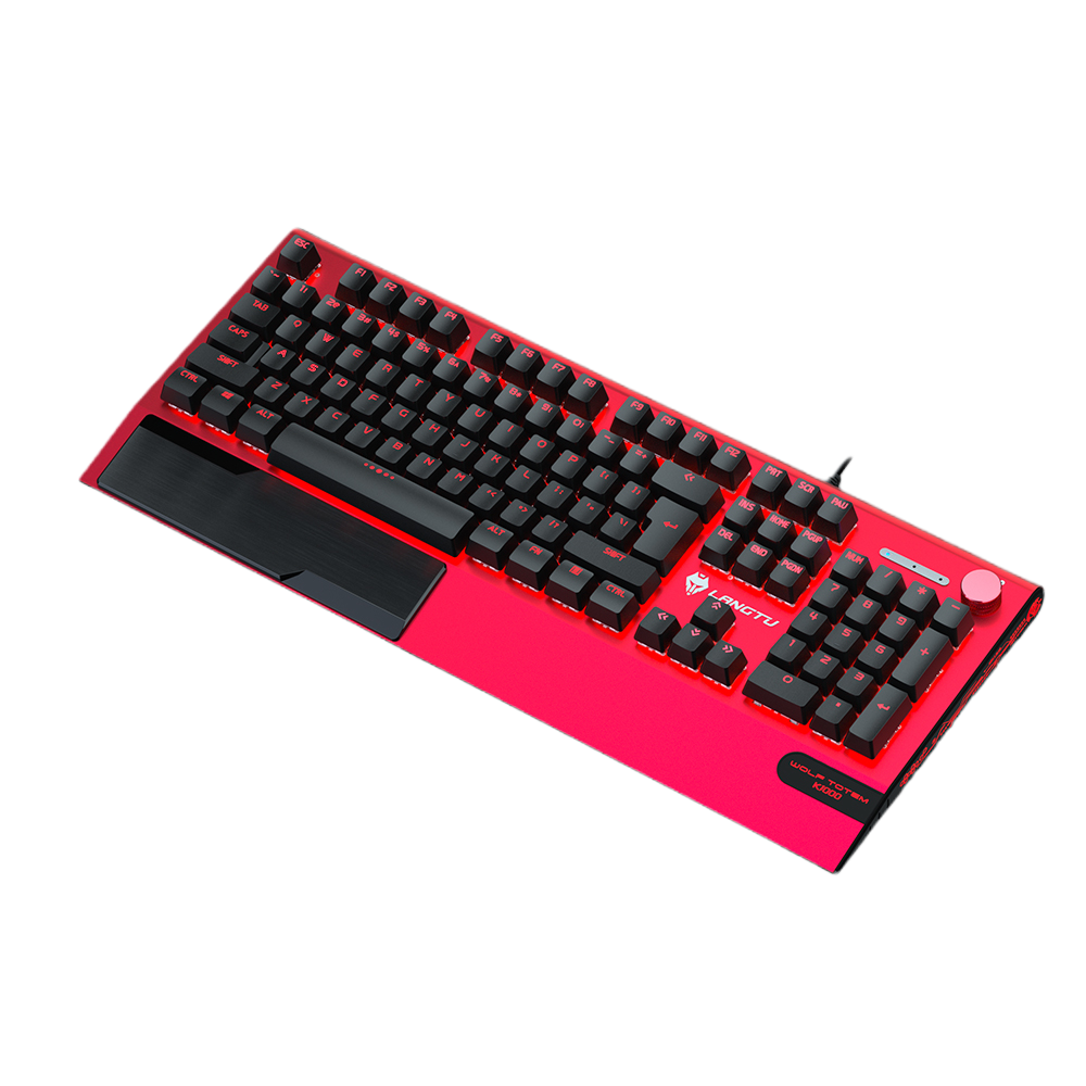 LANGTU K1000 RGB hintergrundbeleuchtete 104-Tasten echte mechanische Tastatur rot mit Multifunktions-Drehknopf, Handballenauflage und 8 hintergrundbeleuchteten Modi