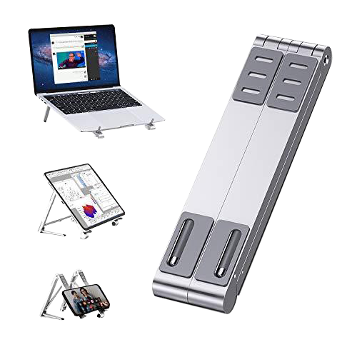 LANGTU 3-IN-1 Foldable Portable Adjustable Aluminum Stand for Laptop, Tablet & Smartphone Silver / Grey