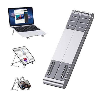 LANGTU 3-IN-1 Faltbarer tragbarer verstellbarer Aluminiumständer für Laptop, Tablet & Smartphone Silber / Grau