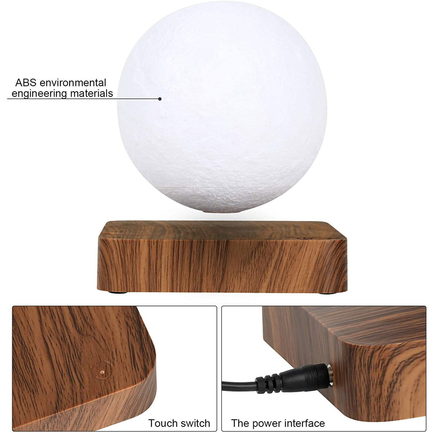 LANGTU Magnetic Levitating Luna Floating 3D Printing LED Wireless Charging Moon Night Lamp Light Walnut
