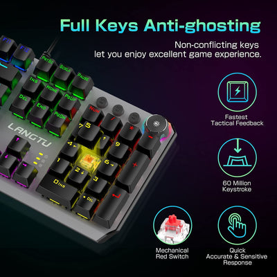 LANGTU Red Switch Rainbow LED Backlit 104-Key Anti-Ghosting Mechanical Keyboard Grey