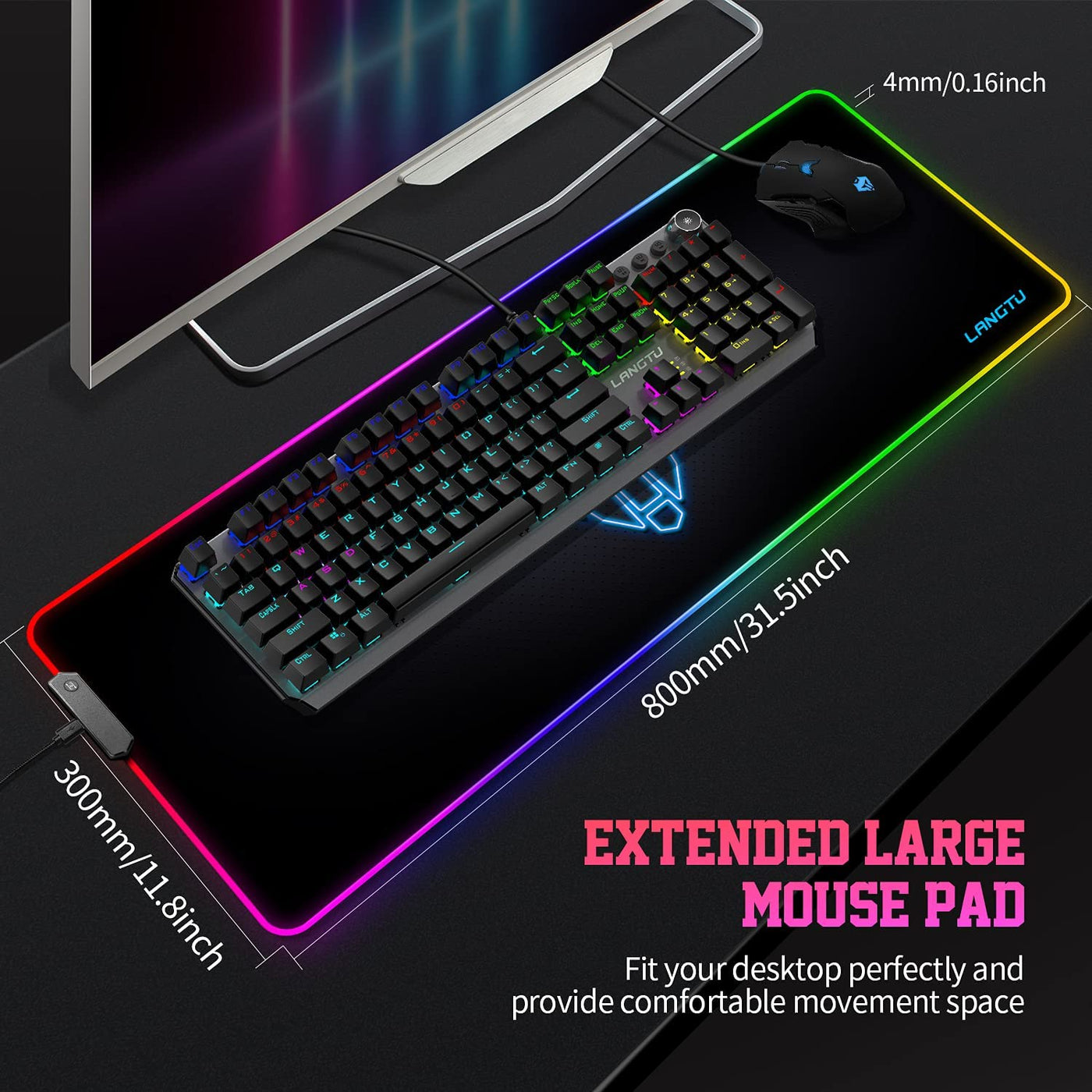 LANGTU Extended XXL Rainbow RGB Mouse Pad with 13 Backlit Modes Black