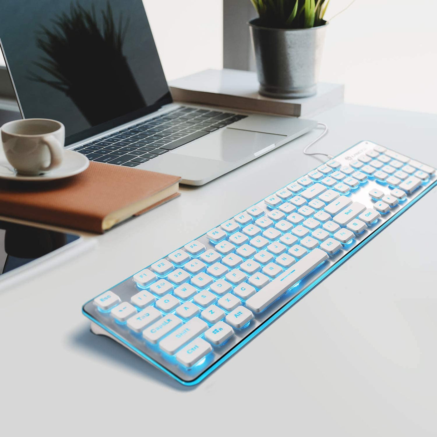 LANGTU L1 Ice Blue Backlit All Metal Panel 104-Key Anti-Ghosting Membrane Keyboard White/Silver - LANGTU Store