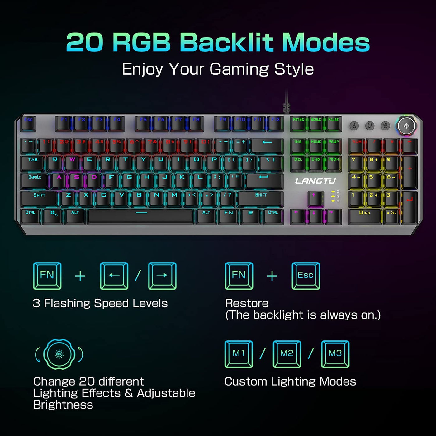 LANGTU rainbow LED backlit 104-key anti-ghosting gray mechanical keyboard