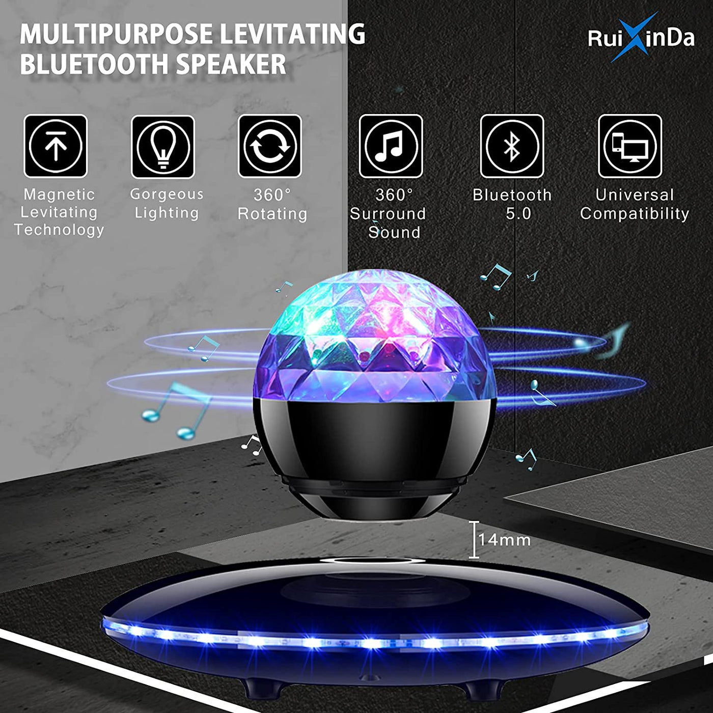 LANGTU Magnetisch schwebender Bluetooth 5.0-Funklautsprecher mit Party-Neonlichtern, buntem LED-Blinklicht, schwarz
