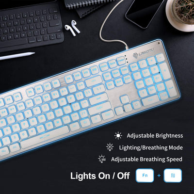 LANGTU L1 Ice Blue Backlit All Metal Panel 104-Key Anti-Ghosting Membrane Keyboard White/Silver - LANGTU Store