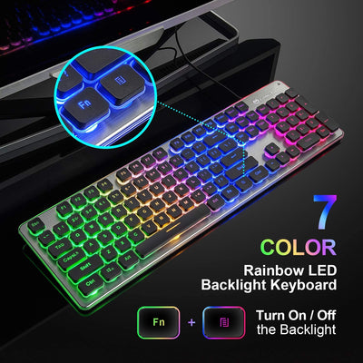 LANGTU L1 Rainbow Backlit All Metal Panel 104-Key Anti-Ghosting Membrane Keyboard Black/Silver - LANGTU Store