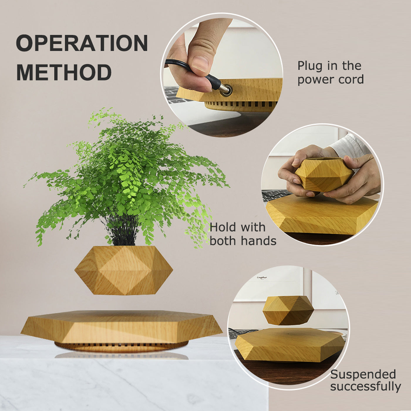 LANGTU Magnetic Levitating Air Bonsai Pot Floating Flower Pot Rotating Potted Planter for Home, Office & Desk Decor Wooden - LANGTU Store