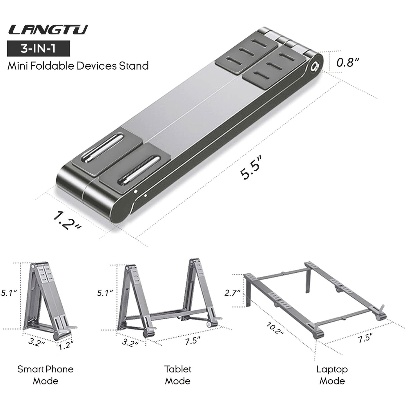 LANGTU 3-IN-1 Foldable Portable Adjustable Aluminum Stand for Laptop, Tablet & Smartphone Silver / Grey