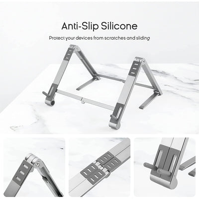 LANGTU 3-IN-1 Faltbarer tragbarer verstellbarer Aluminiumständer für Laptop, Tablet & Smartphone Silber / Grau