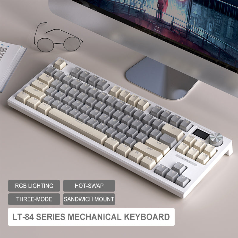 LANGTU LT-84 Sandwich Mount 84-Key Tri-Mode Connection 100% Hotswap RGB Backlit Mechanical Gaming Keyboard ft. Self-Lubricating Switches, LED Display & Rotary Knob
