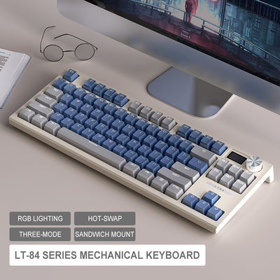 LANGTU LT-84 Sandwich Mount 84-Key Tri-Mode Connection 100% Hotswap RGB Backlit Mechanical Gaming Keyboard ft. Self-Lubricating Switches, LED Display & Rotary Knob