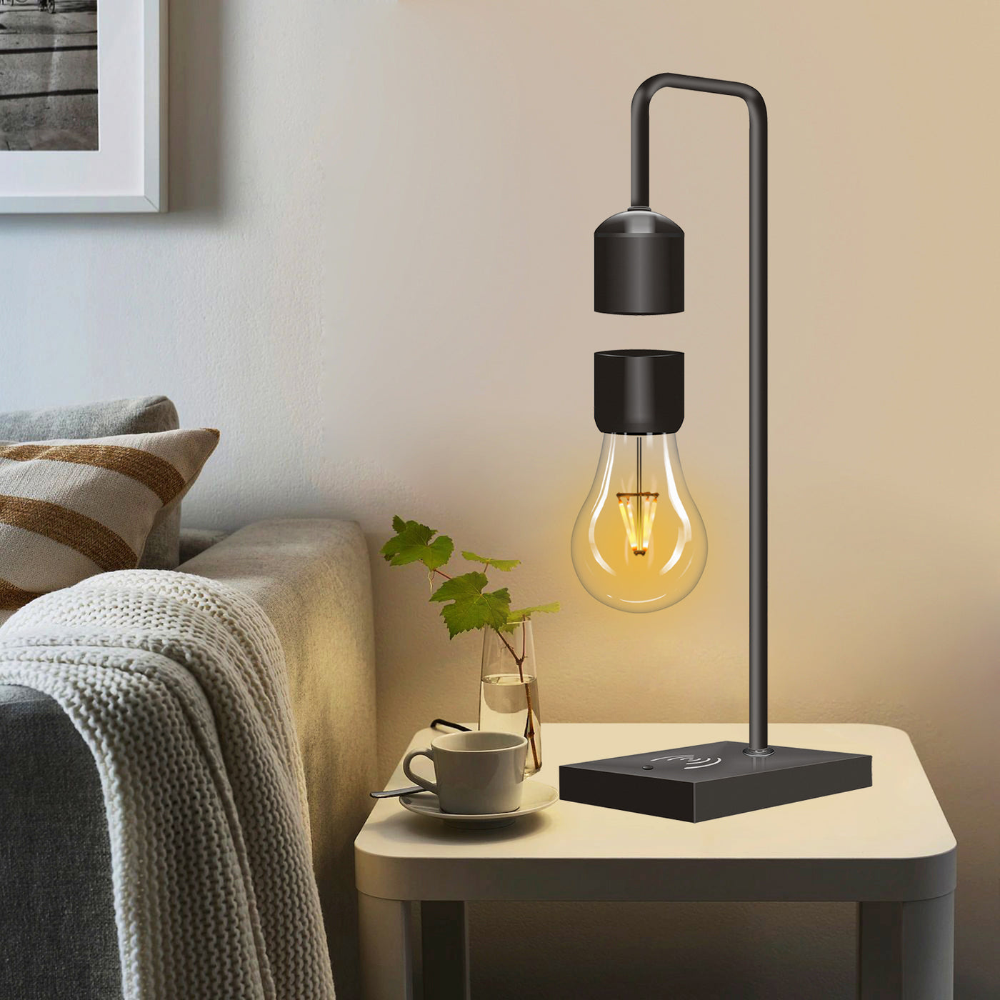 LANGTU Table Desk Smart Lamp with Magnetic Levitating Floating Wireless LED Light Bulb and Wireless Charger Square Base Black
