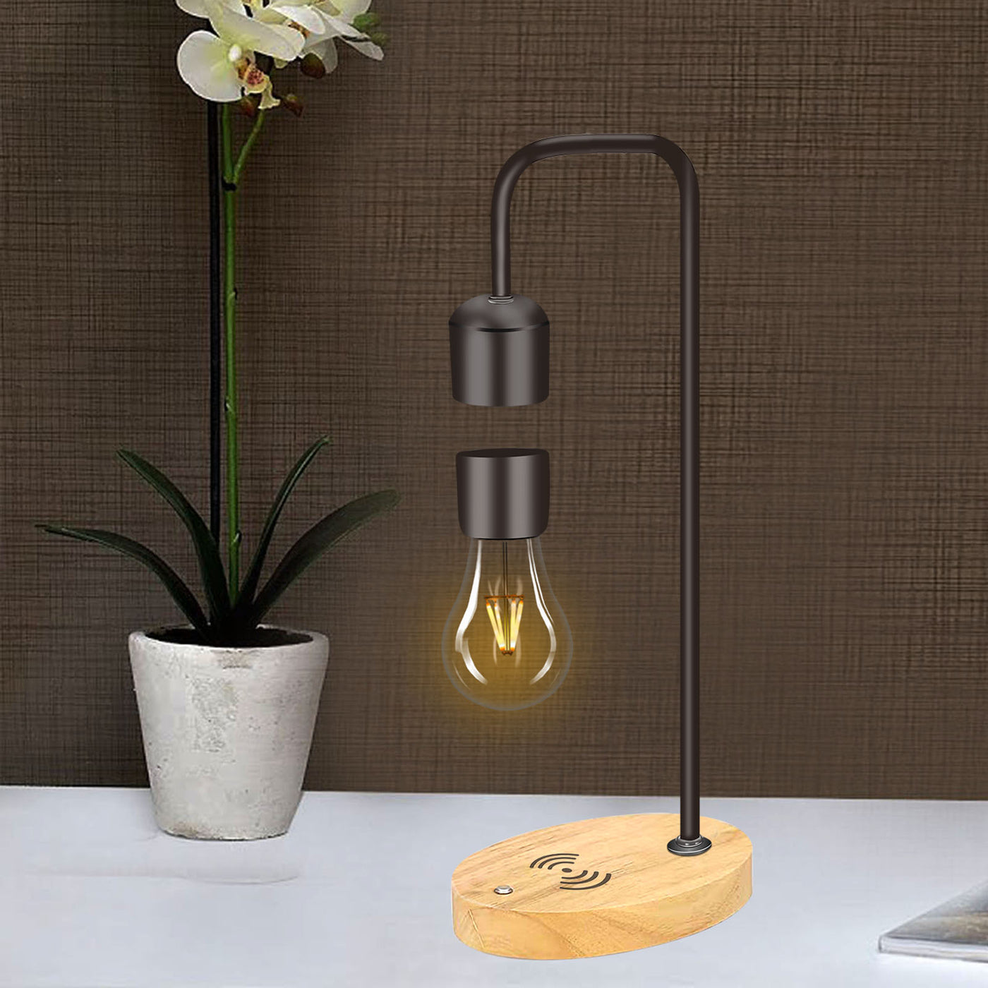 LANGTU Tisch-Schreibtisch-Smart-Lampe mit magnetschwebender, schwebender, kabelloser LED-Glühbirne und kabelloser Ladestation, Ahorn