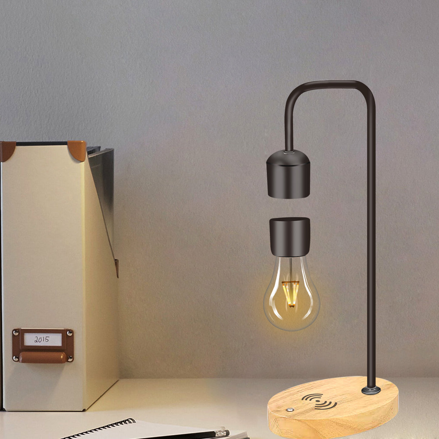LANGTU Table Desk Smart Lamp with Magnetic Levitating Floating Wireless LED Light Bulb and Wireless Charger Base Maple
