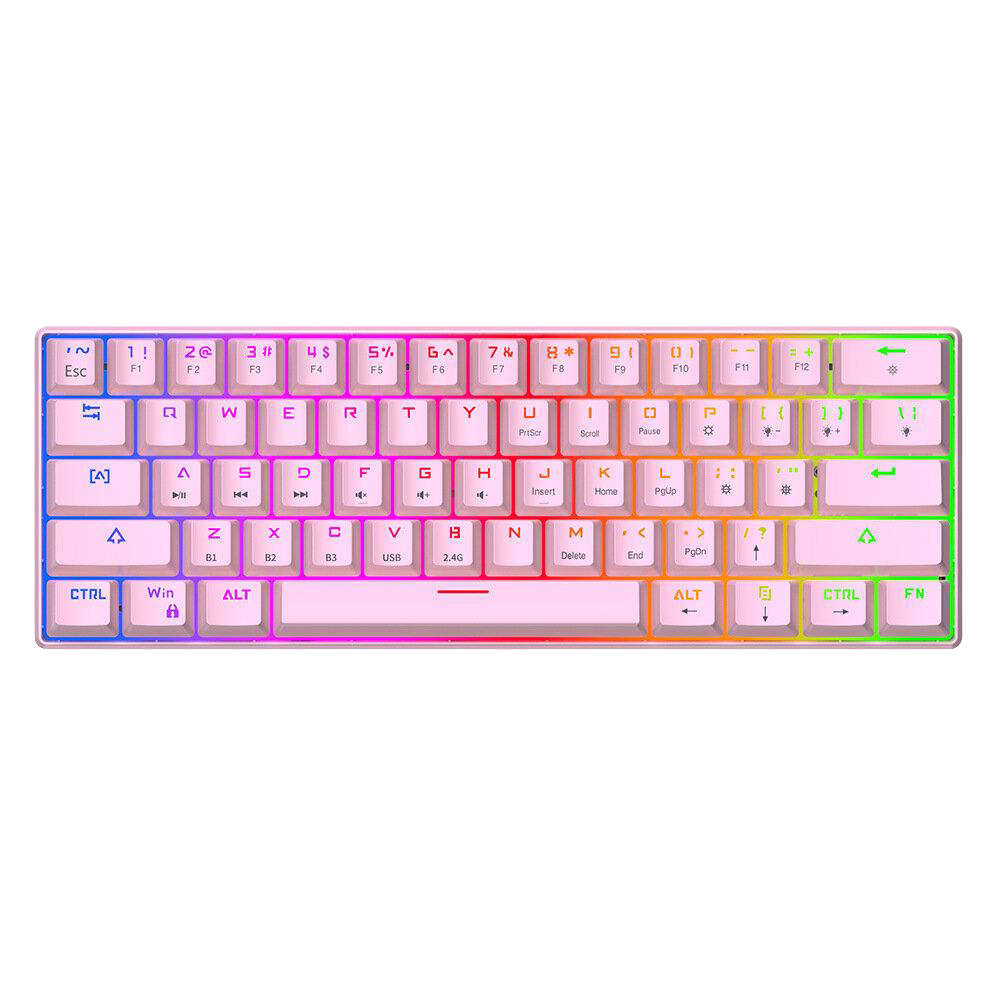 LANGTU G1000 Blue Switch Rainbow RGB Backlit 61-Key Bluetooth 5.0 Wireless Mechanical Keyboard with 3 Connection Modes Pink